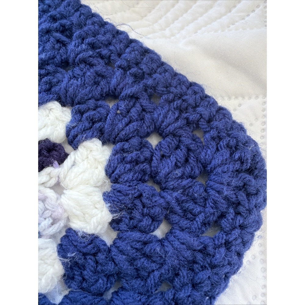 Vintage Hand Crochet Blue/white Small Throw Blanket 48in X 37in GWB002 - Picture 6 of 10
